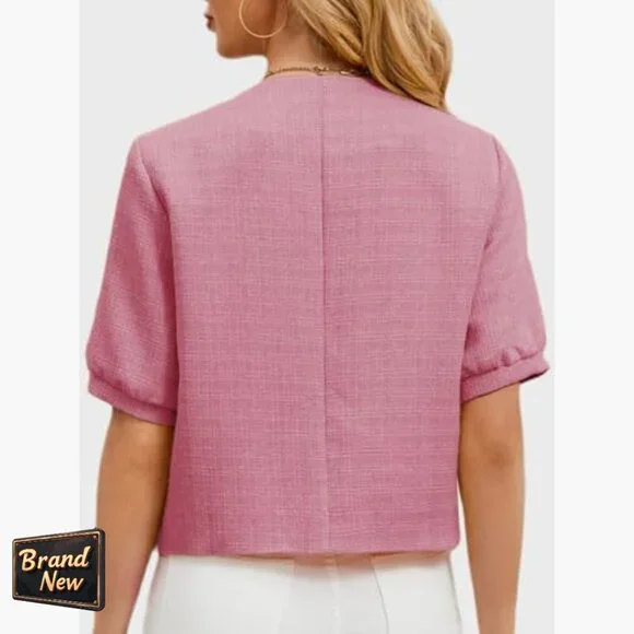 Cropped Tweed Blazer with Puff Sleeves for Office Work Slim Fit - Picture 2 of 7